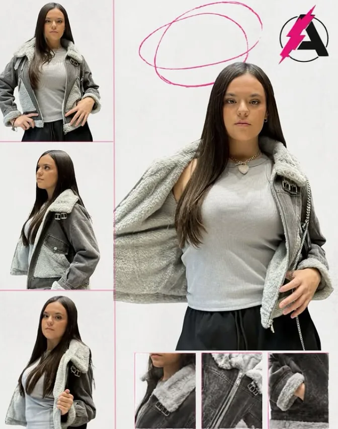 Lookbook ADICTIVA: campera de jean con corderito, remera gris y pantalón negro